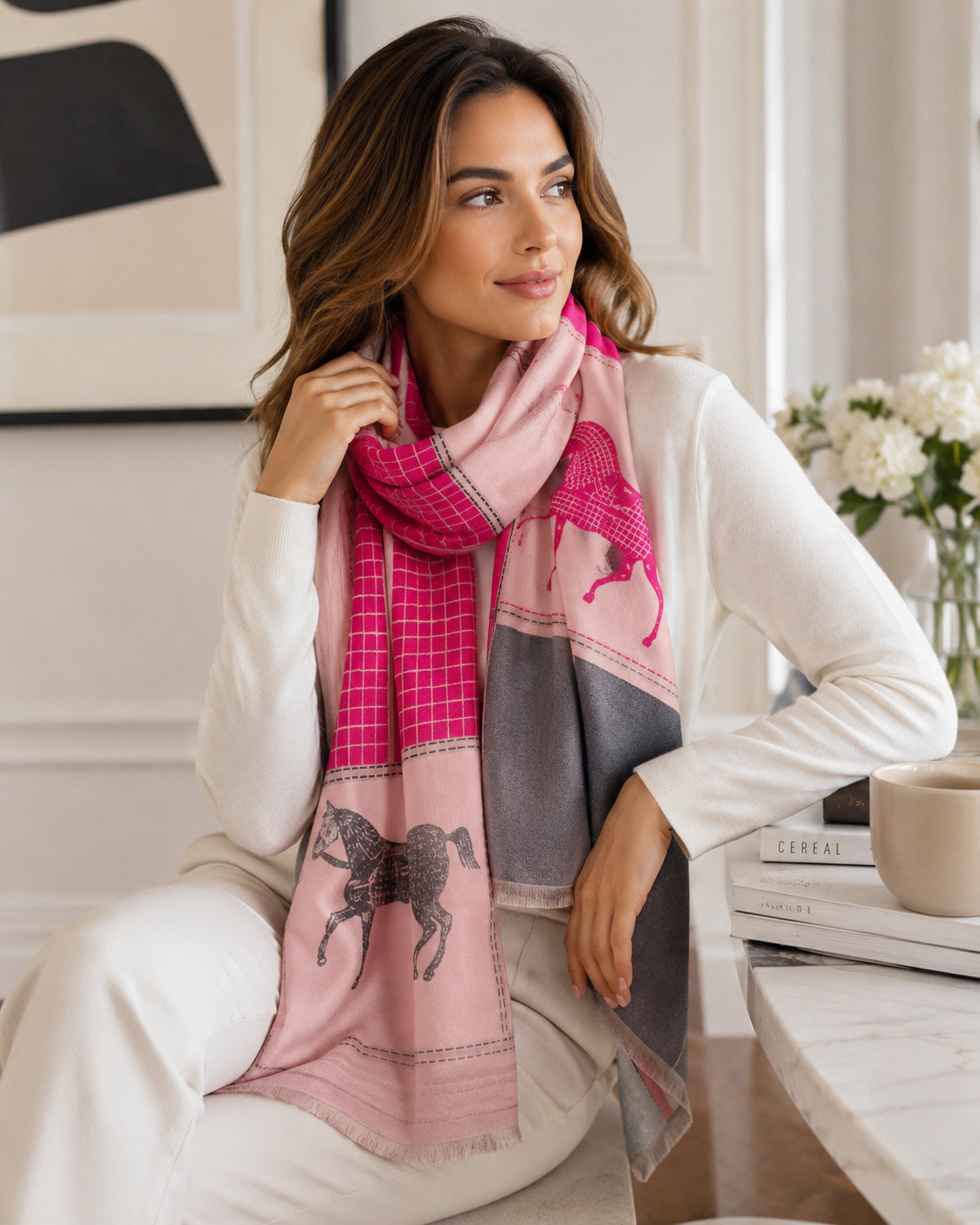 Equestrian/Rider Scarf Horse Design Pink/Beige