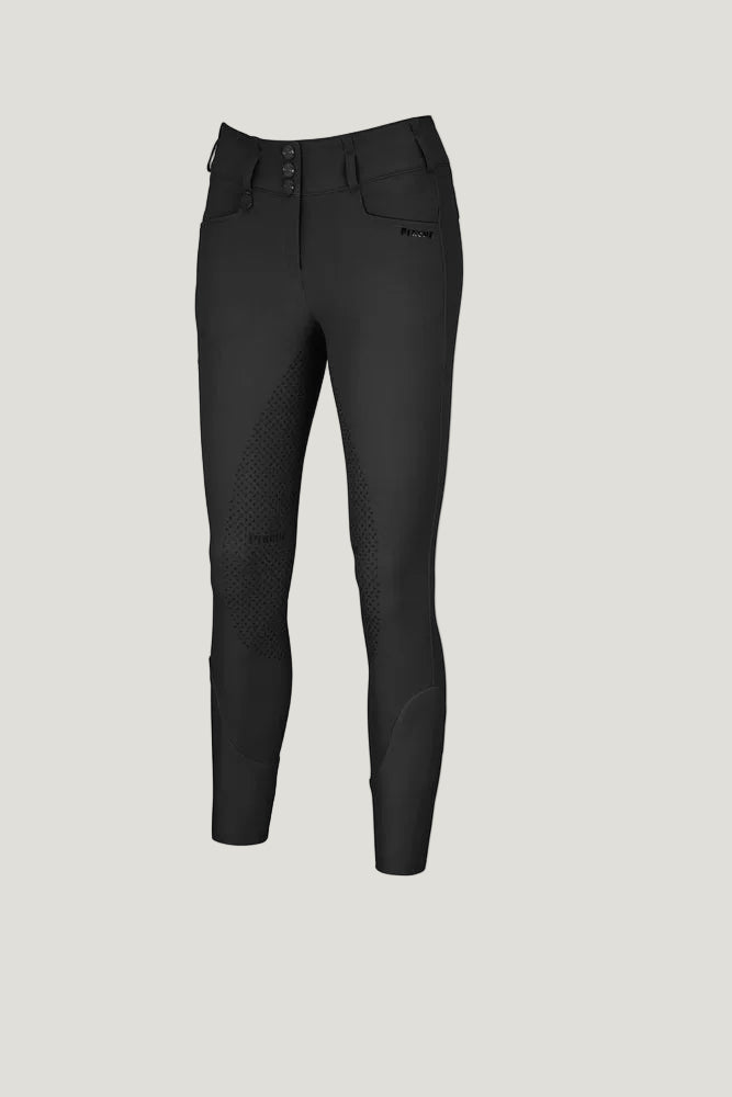 Black equestrian riding breeches with textured grip panels on the inner thighs and a small black logo on the upper right hip, shown against a plain white background.