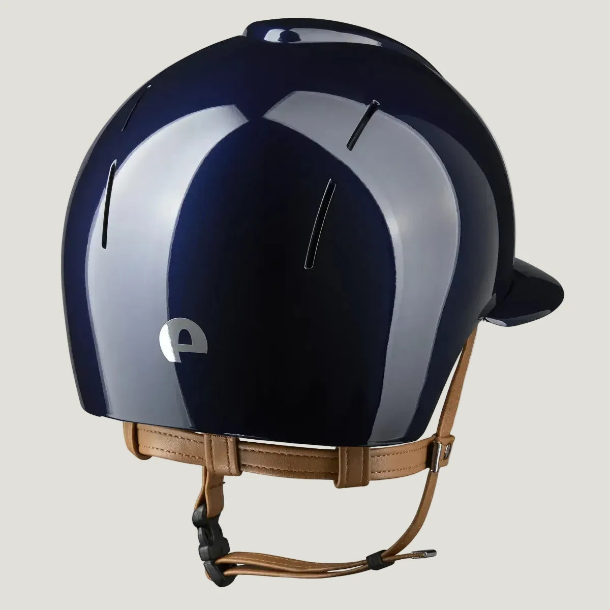 Blue and gray helmet with beige straps on a white background