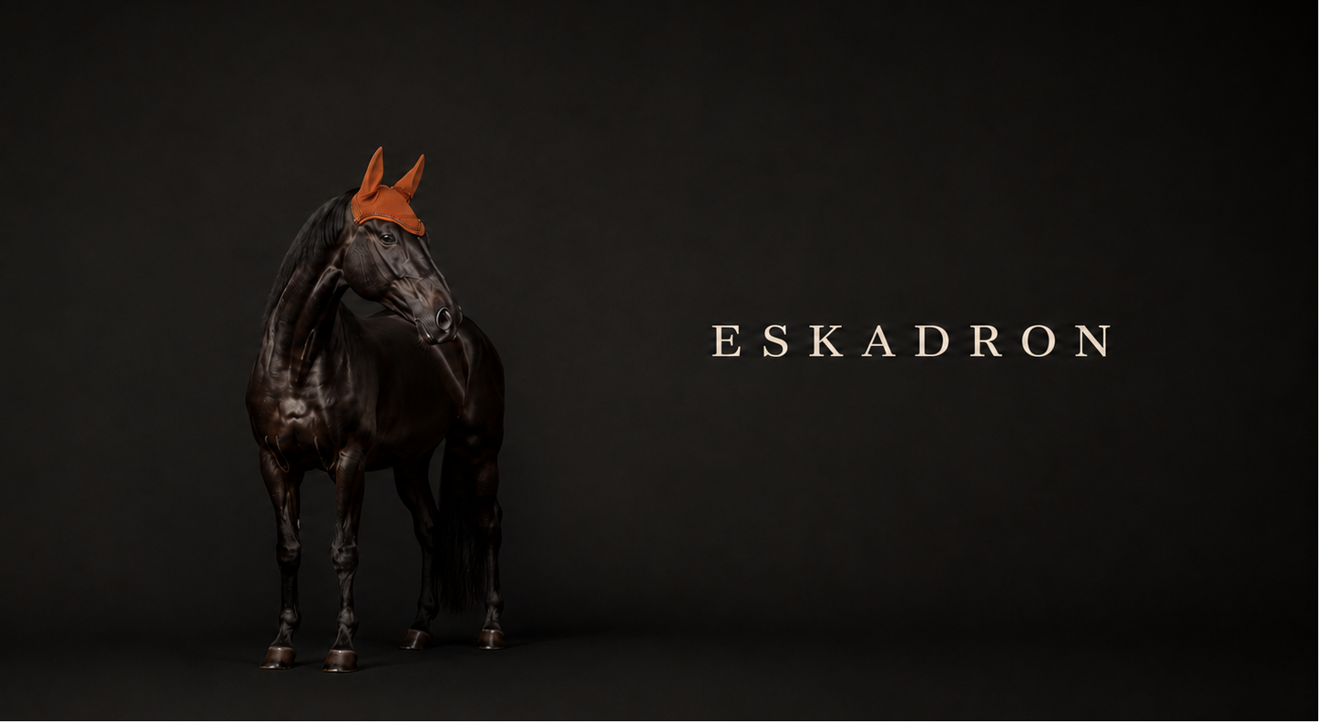 A dark horse stands against a black background with the word 'ESKADRON' in white text to the right.