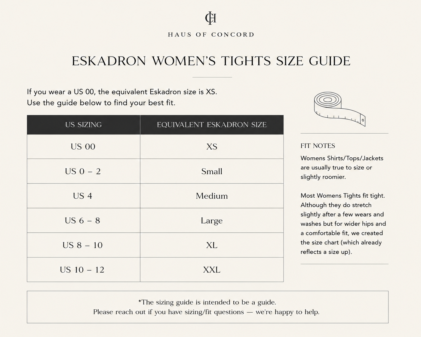 Product size chart