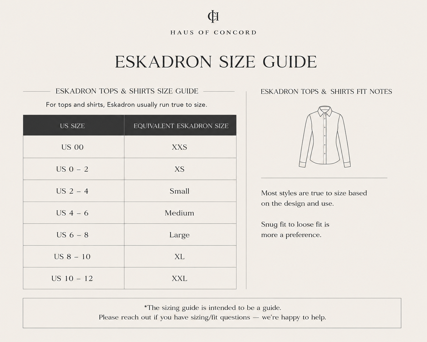 Product size chart