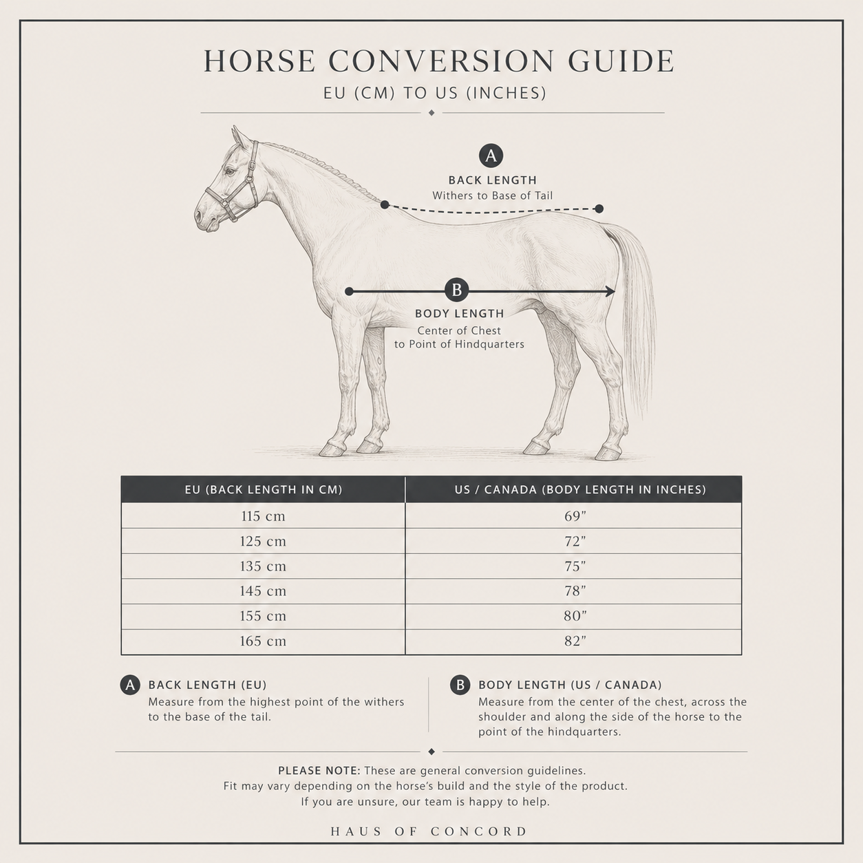 Horse conversion guide chart from Haus of Concord, showing a horse diagram with labeled back length (A) and body length (B) measurement points, plus a table converting centimeter back lengths to US and Canada inches.