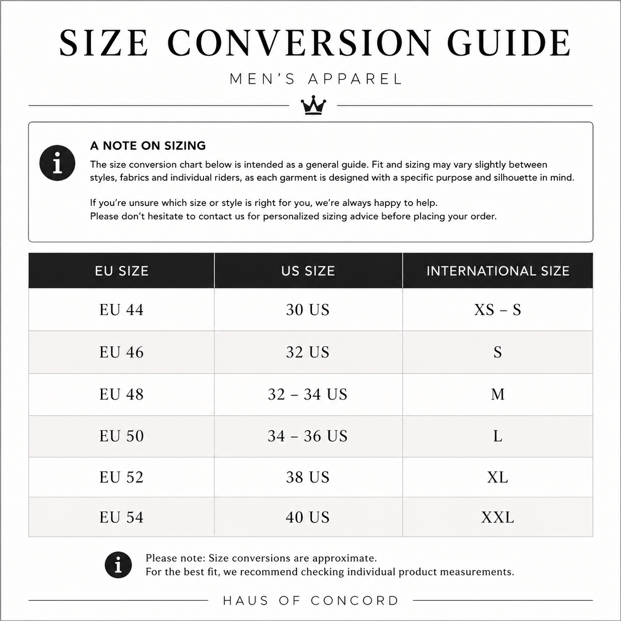 Product size chart