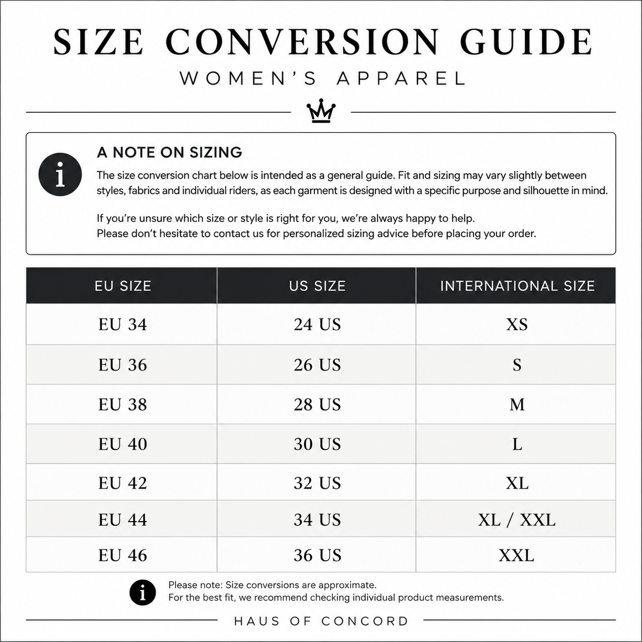 Product size chart