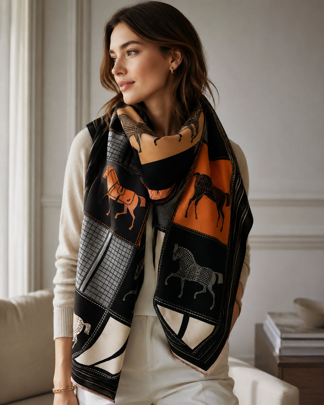 Equestrian/Rider Scarf Horse Design Gray/Black