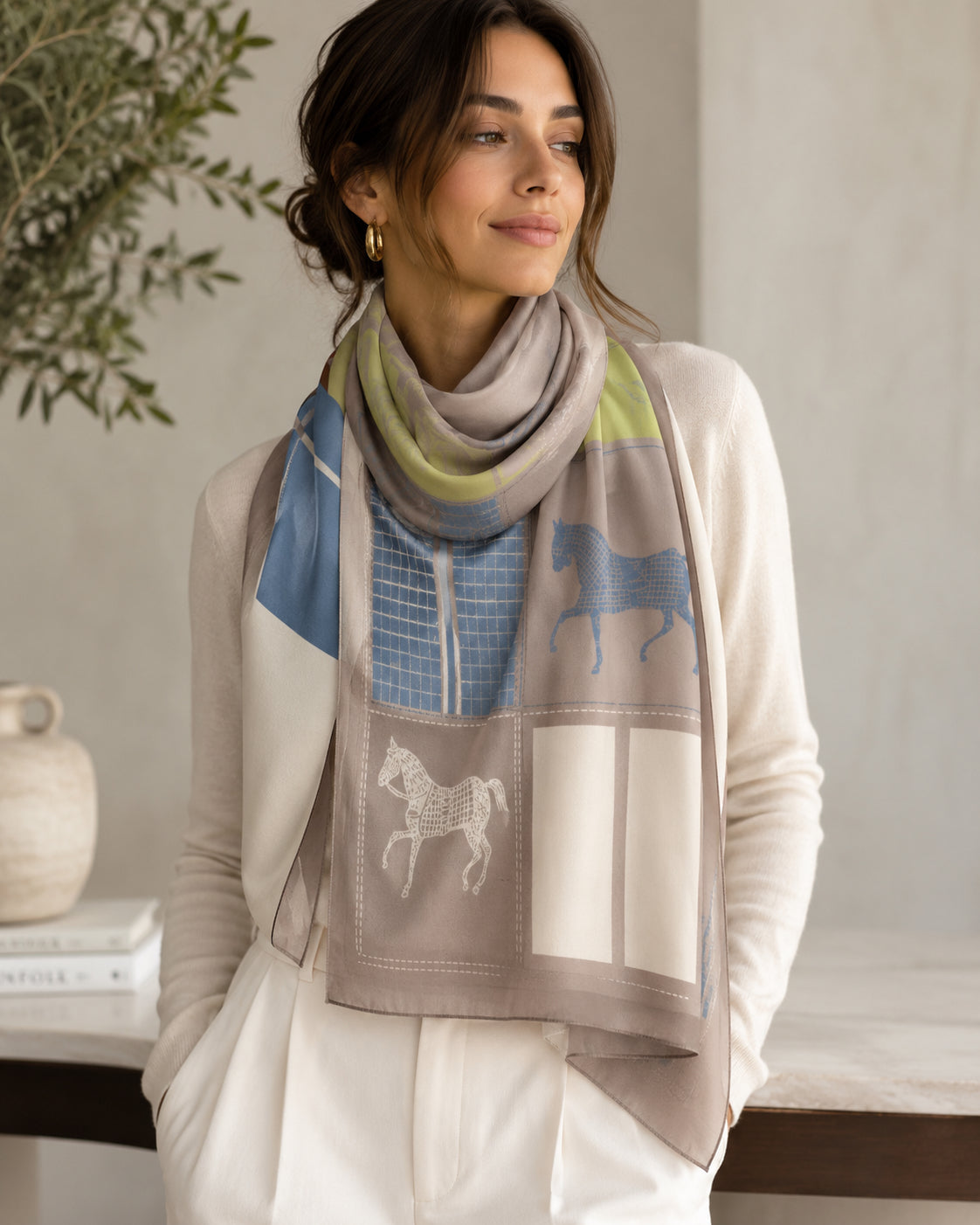 Equestrian/Rider Scarf Horse Design Blue/Tan