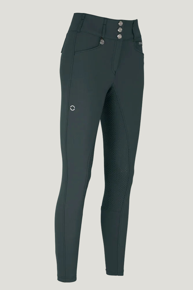 Dark gray riding pants with button details on a white background
